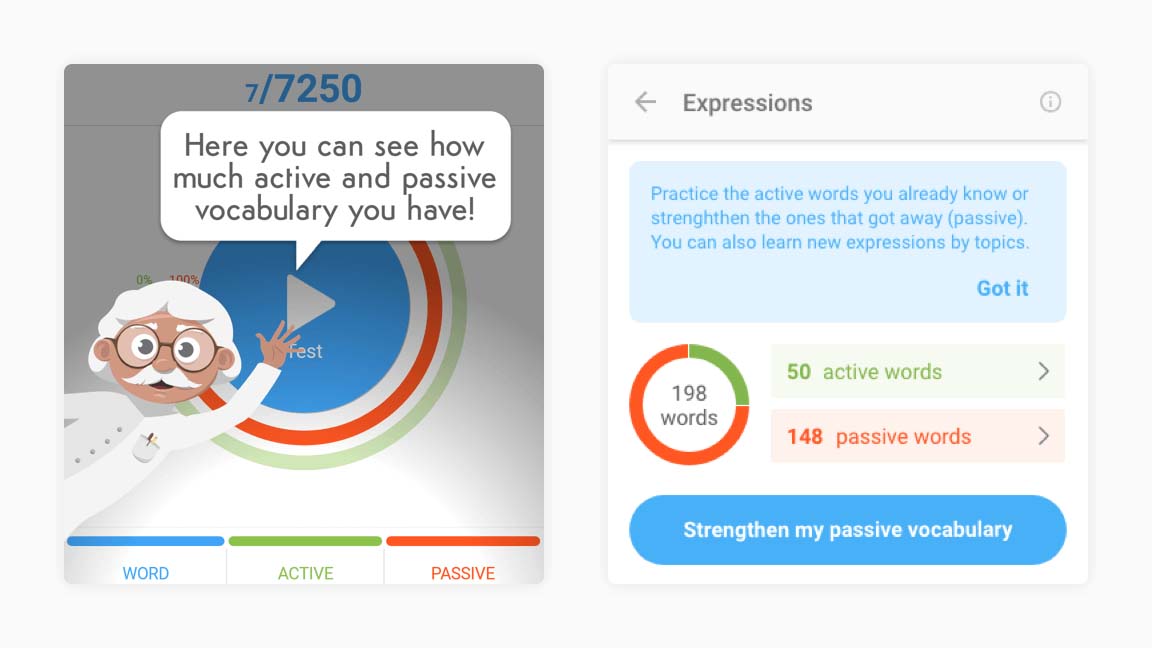 Two screens, one shows Professor Max, Xeropan mascot with a chat bubble, the other one shows a card with onboarding text.