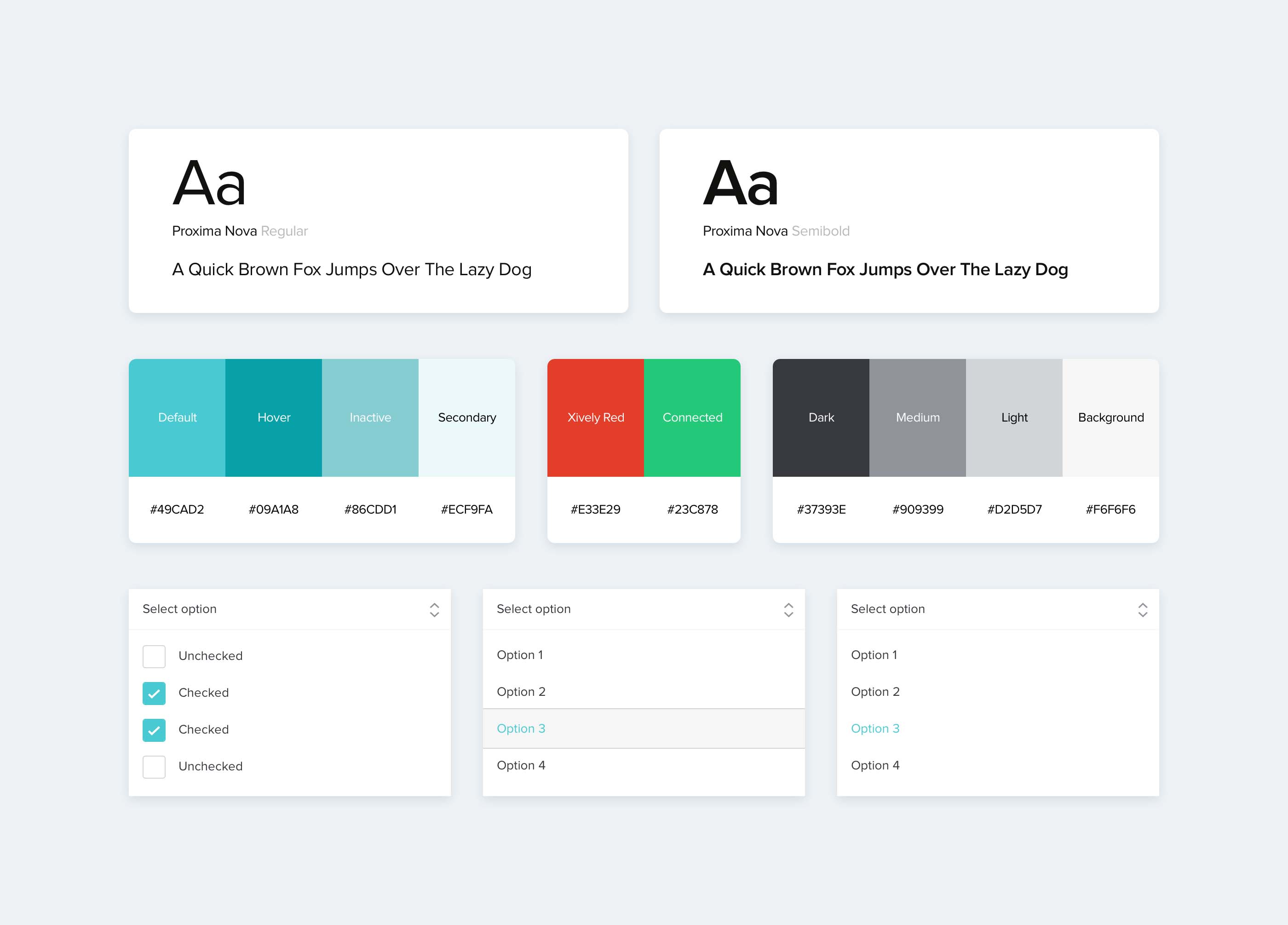 Mockup showing typography, colors and some dropdown menu examples from the design system.