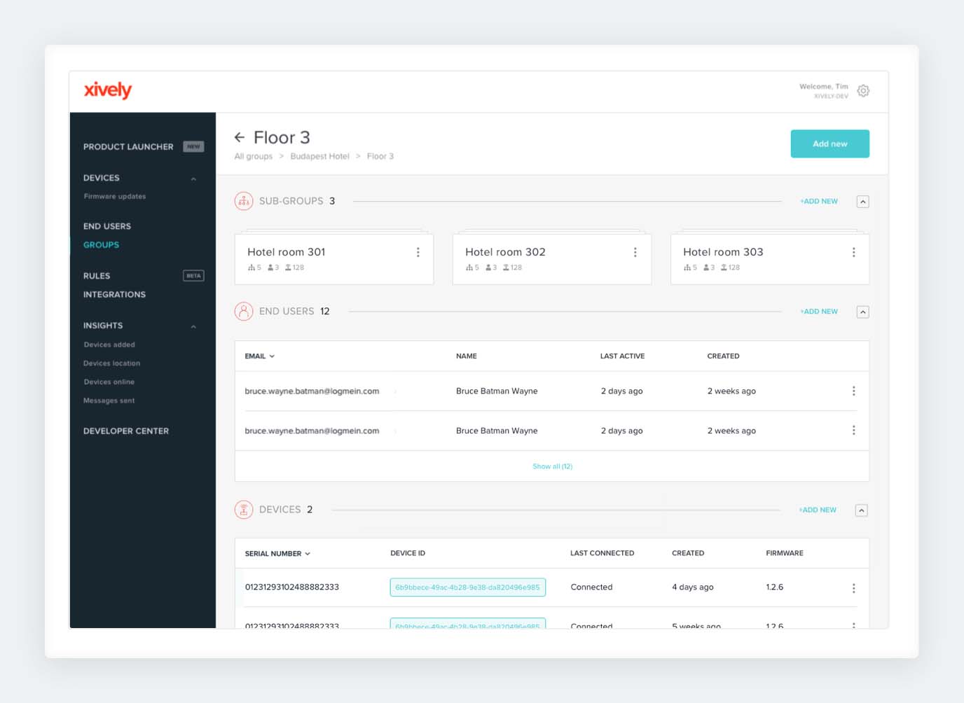 Screenshot of the restructured Organizations page with breadcrumbs and sections of sub-groups, end users and devices